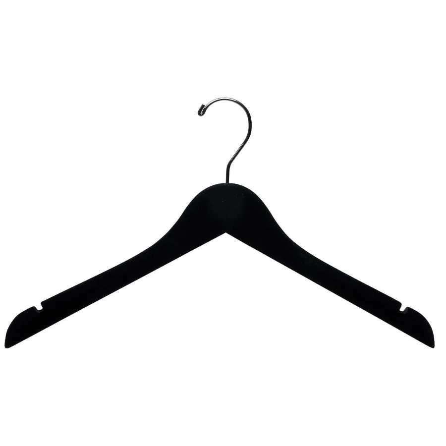 

Black Velvet Wood Top Hanger Box of 25 Space Saving 17 Inch Flat Wooden Hangers w Chrome Swivel Hook Notches for Shirt Jacket