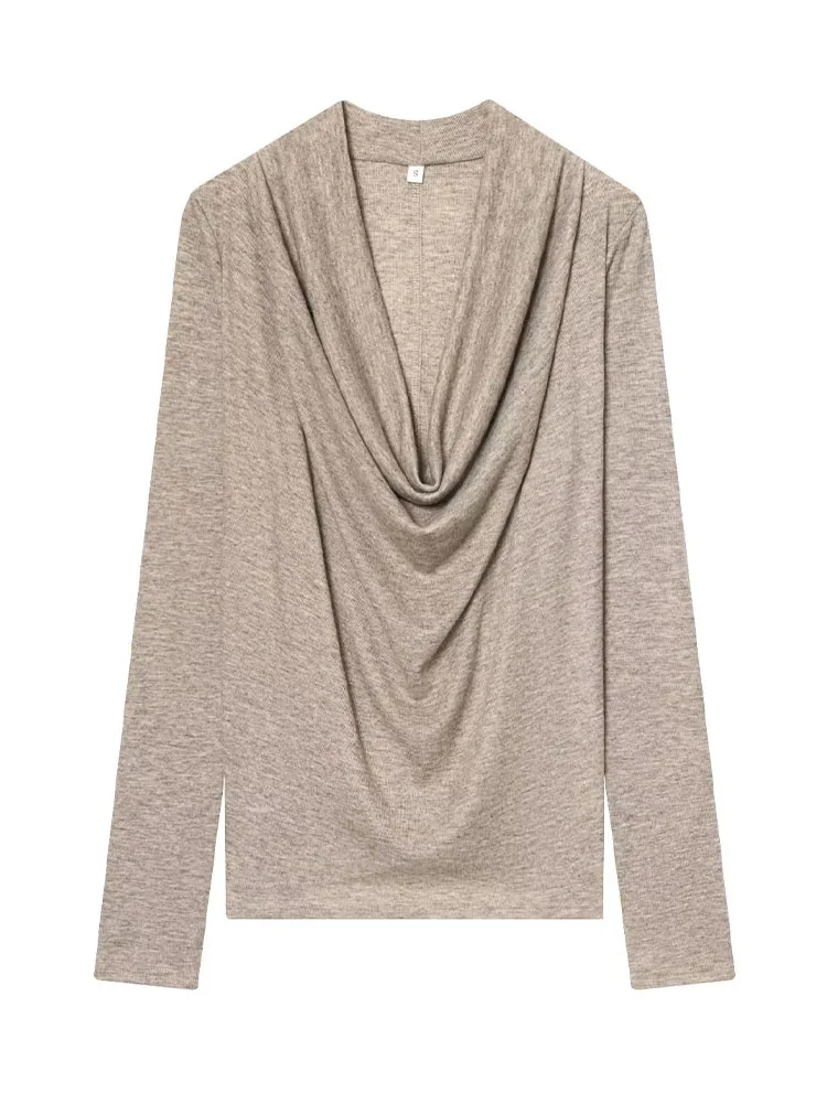 HH New Woman Autumn Fashion Swing Collar Draped Trim Solid Color Long Sleeves Inner Wear Tops Female Casual Versatile T-shirt