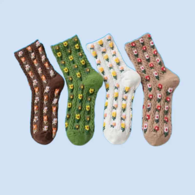 

4/12 Pairs Women's Middle-tube Socks Cute Retro Ins Japanese Pastoral Style Small Flowers Sweet Floral Socks 2024 Spring Socks