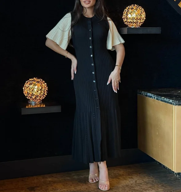Women's Dress 2026 Spring Summer New Round Neck Color Blocking Short Sleeved Single-Breasted Casual Slim Fit Daily Long Dress