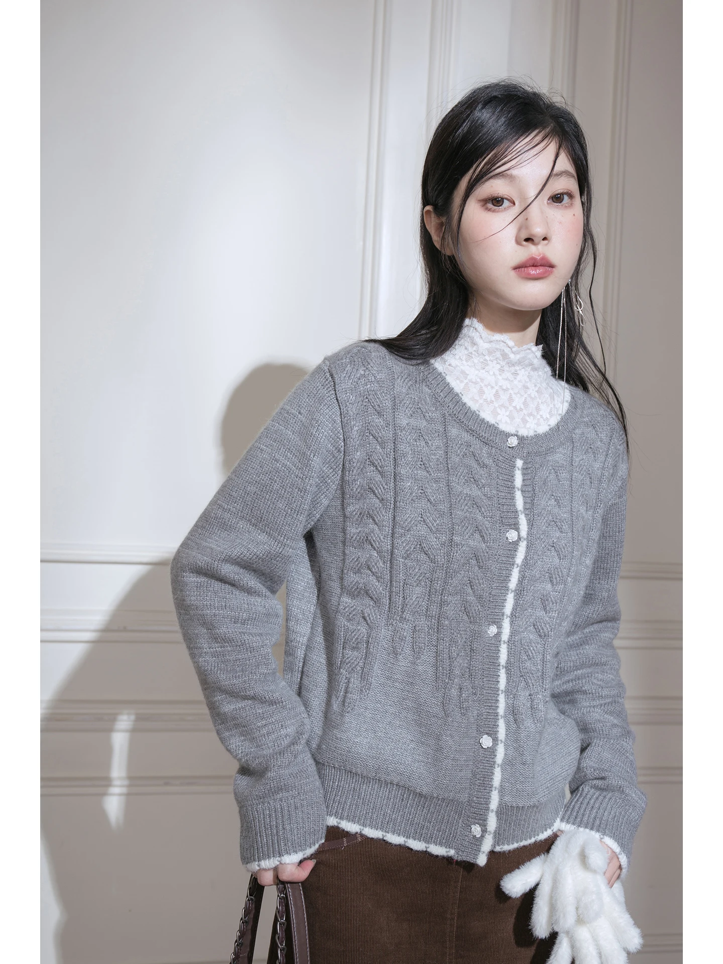 

COTRE Lazy Clouds ey Вязаный шерстяной свитер с кружевным дизайном Sweet Sle Женский модный свободный крой Long Sve round Ne o...