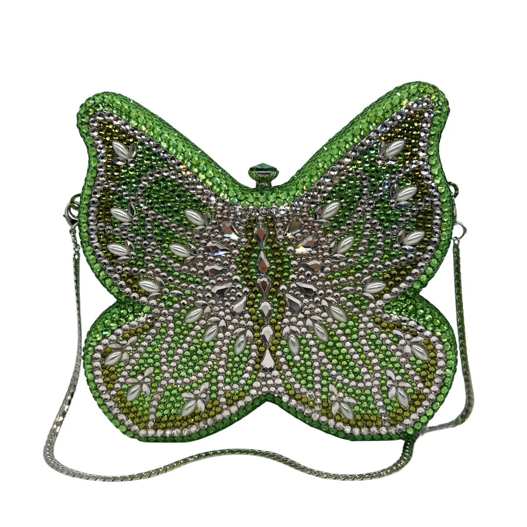 

XIYUAN Butterfly Shaped Green Rhinestone Evening Bag Lady Luxury Crystal Handbag Wedding Bridal Clutch Full Diamonds Party Purse