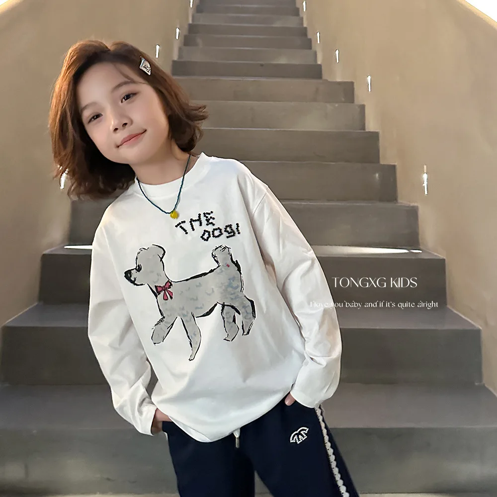 Girls Top 2024 Autumn New Childrens Wear Korean Girl Baby Nail Beaded Cartoon Dog Cotton Long Sleeve T-shirt Casual Simple