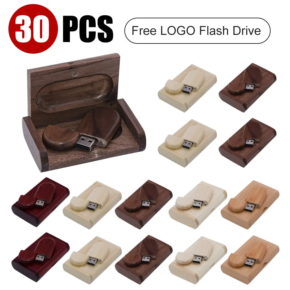 

30PCS/Lot Wooden USB2.0 Flash Drives 16GB Pen drive Free Custom Logo 64GB 32GB with Box Memory Stick Creative gift Laptop U disk