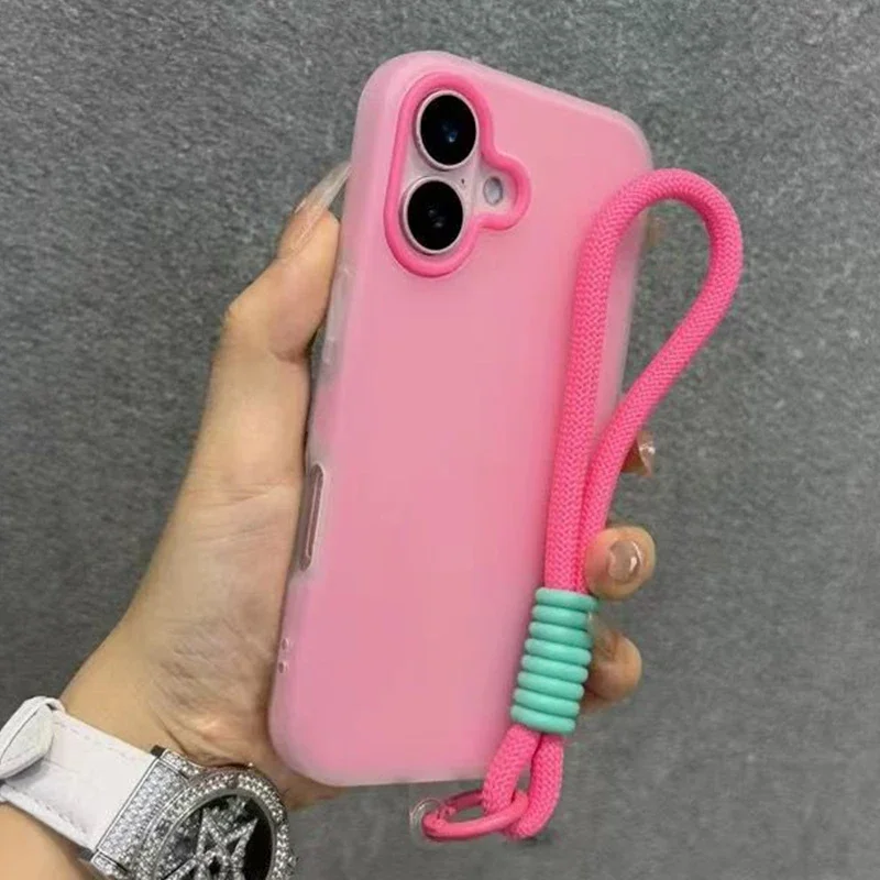 

Soft Matte Candy Transparent Phone Case For iPhone 17 16 Pro Max 15 14 13 12 11 XS X 7 8 Plus 16e Hand Wrist Strap Lanyard Cover