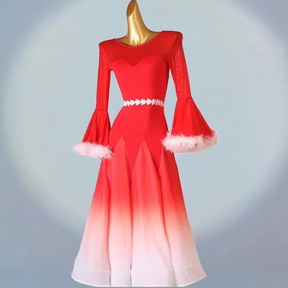 جديد الفالس حفلة قاعة الرقص الأحمر المنافسة جولة الرقبة التدرج ممارسة الرقص البدلة أداء ريشة المرحلة زي #2