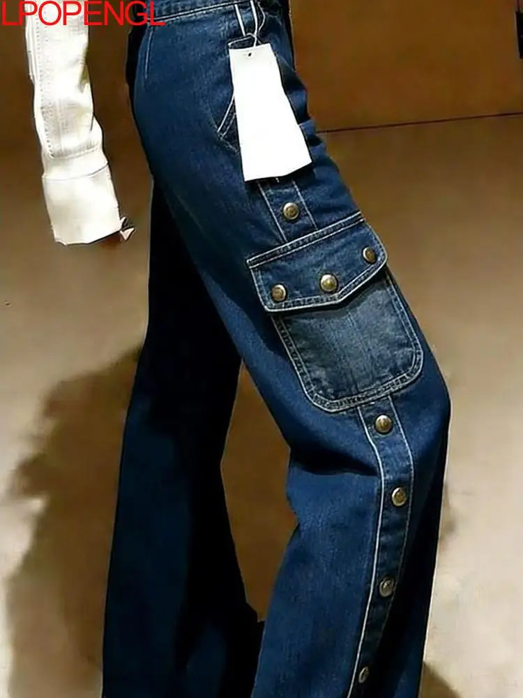

Женские джинсы с высокой талией и множеством карманов, винтажные, широкие, темно-синие, свободные, с пуговицами и пэчворком, уличный стиль, прямые, новинка 2026