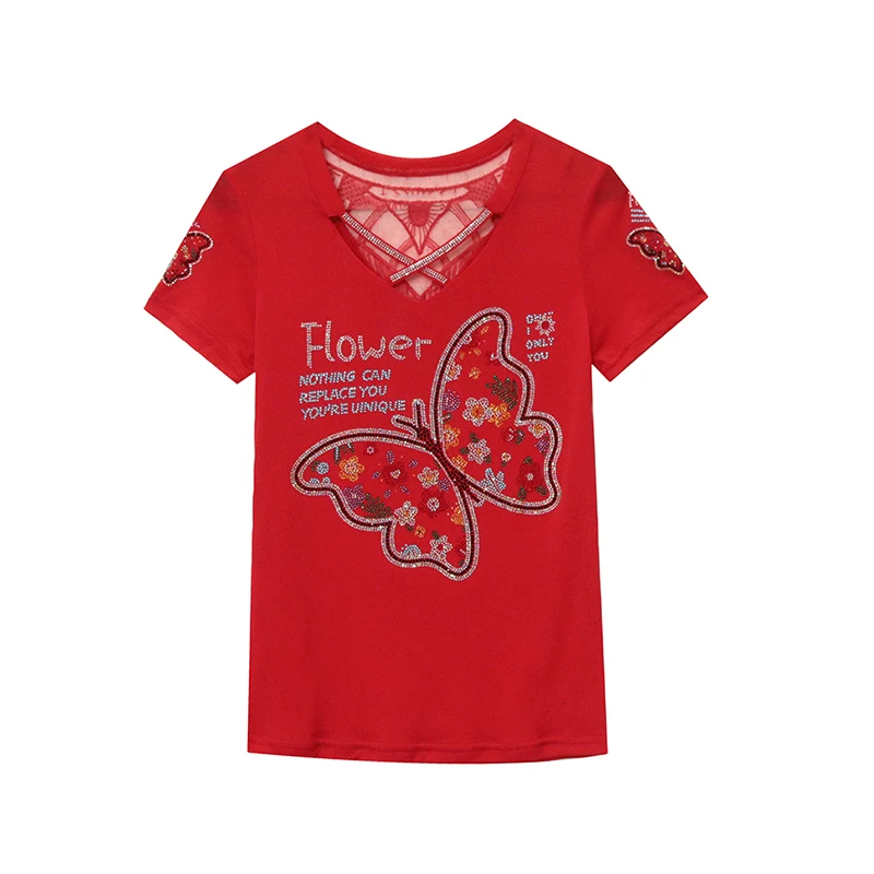 New Summer Short Sleeved V-Neck Women\'s T-Shirt Elegant Slim Hot Diamond Mesh Tees Tops M-3XL Clothes