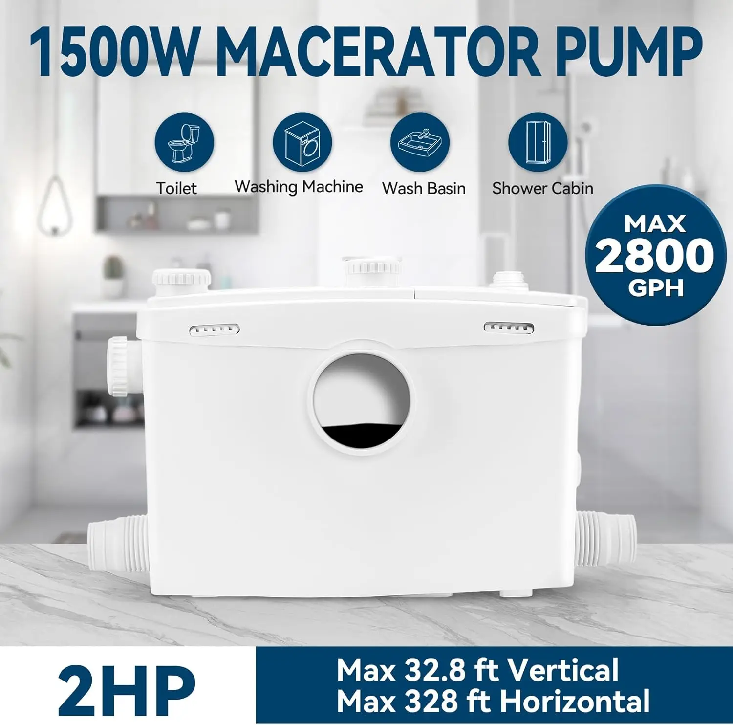 مضخة Macerator بقدرة 1500 وات مع شفرة طحن وظيفة PCB مضخة تواليت تصل إلى 32.8FT 2800GPH مضخة حوض الصرف الصحي مع 4 مدخلات مياه