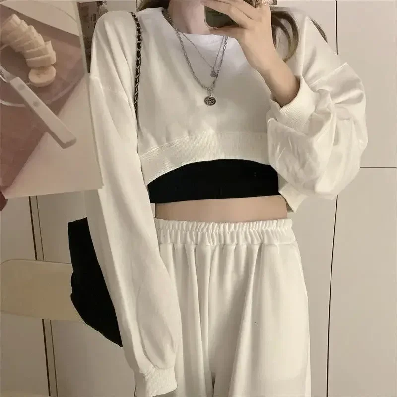 Streetwear Women Sexy Solid Cropped Sweatshirts Oversize Loose Harajuku Pullovers T Shirt Spring Korean Chic Casual Tops Y2K