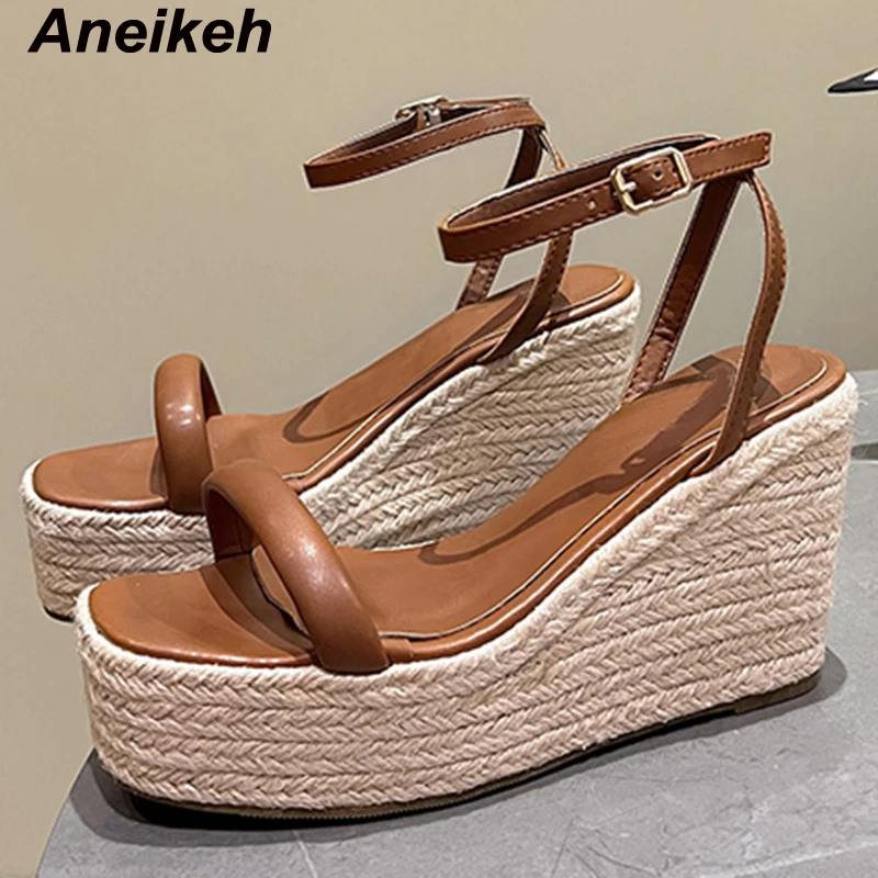 Aneikeh Summer New Fashion PU Square Toe Wedges Heel Women Sandals Ankle Buckle Strap Ladies Leisure Style Shoes Brown Black