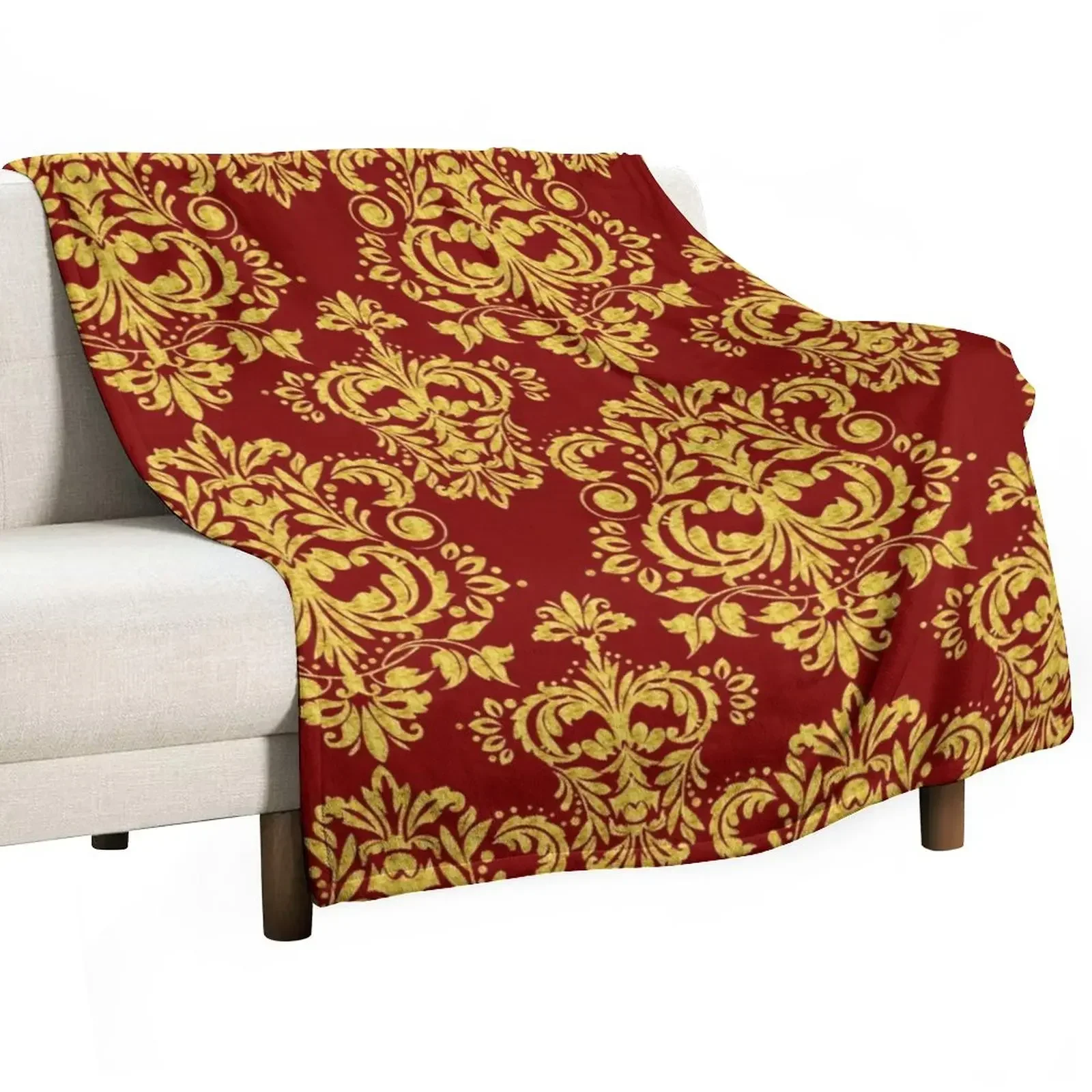 

Gold and dark-red floral damask pattern Throw Blanket Furrys anime Blankets