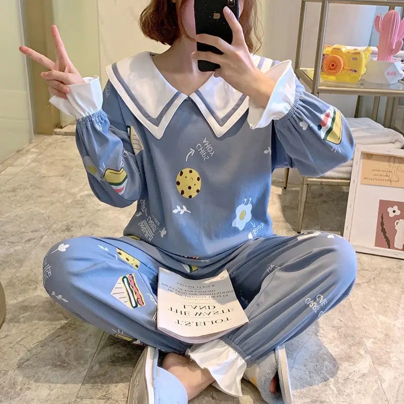 Pajama Sets Women Trim Printed Ruffled Bow Full-length Princess Cute Sleepwear Lady Korean-style Soft Skin-friendly Nightwear