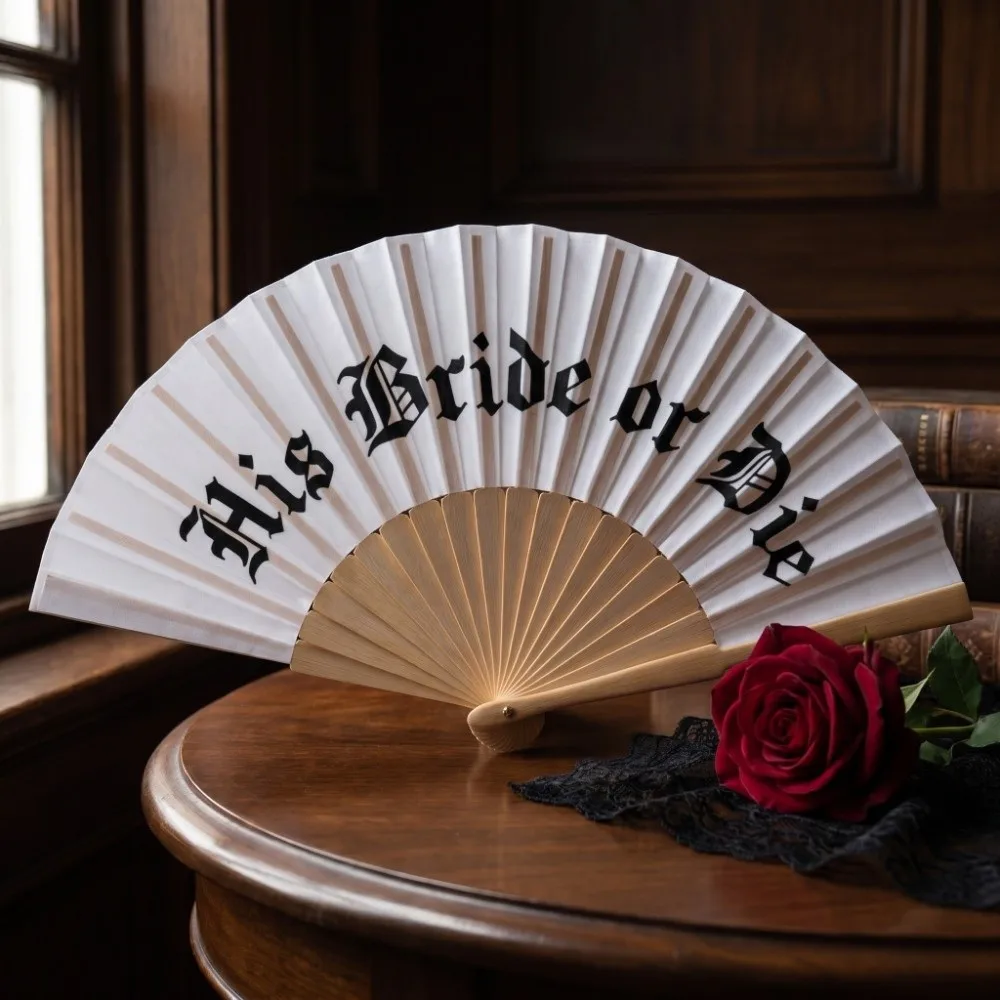 Vintage Gothic His Bride or Die Fan Large Retro Halloween Black White Hand Fan Folding Fan Handmade