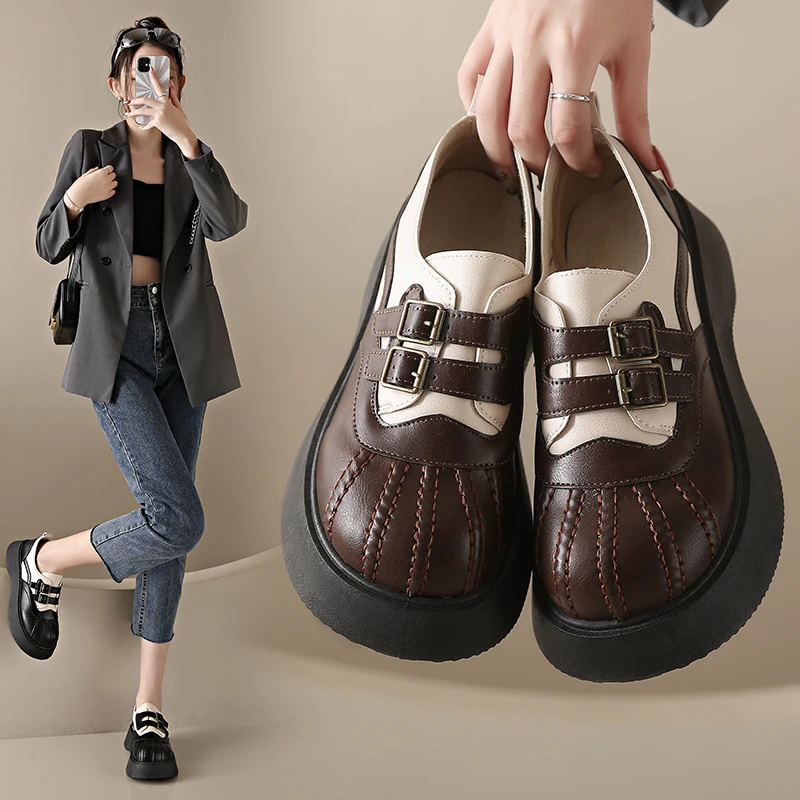 Mocassins Oxfords com pele para mulheres, sapatos com plataforma, slip on, couro, estilo mary jane, outono, novo