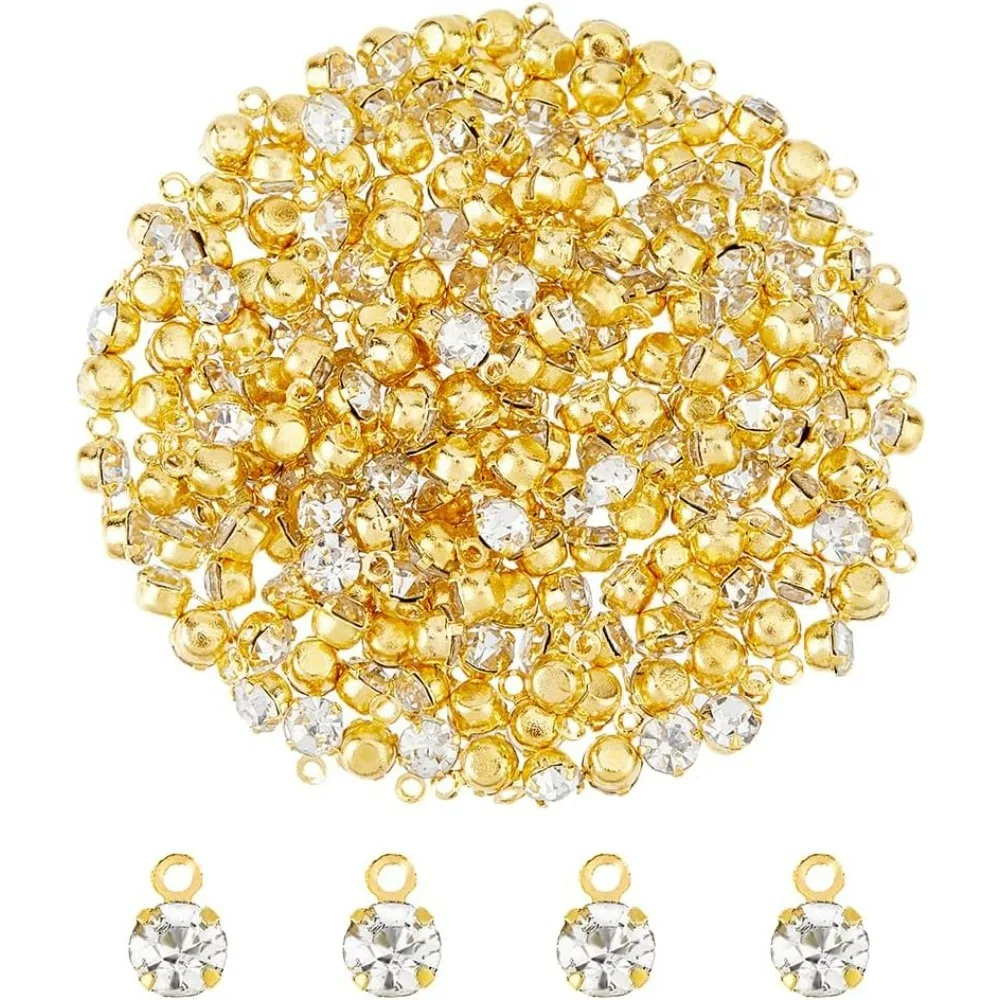 

200Pcs Mini Brass Rhinestone Pedants Round Charm Sparkling Rhinestone Tiny Dangles Bling Beads with Alloy Hanging Ring