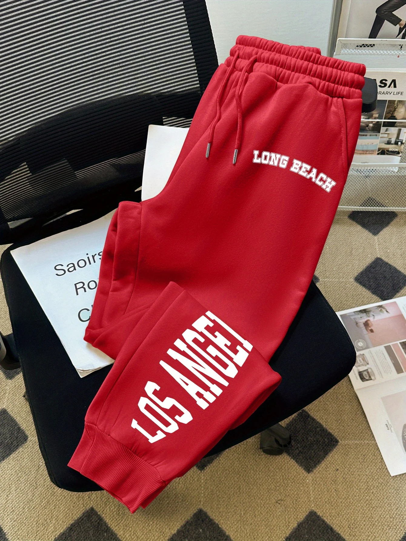 Men's long-length sweatpants, Long Beach, Los Angeles, letter print, elastic drawstring, hip-hop, casual sporty streetwear pants
