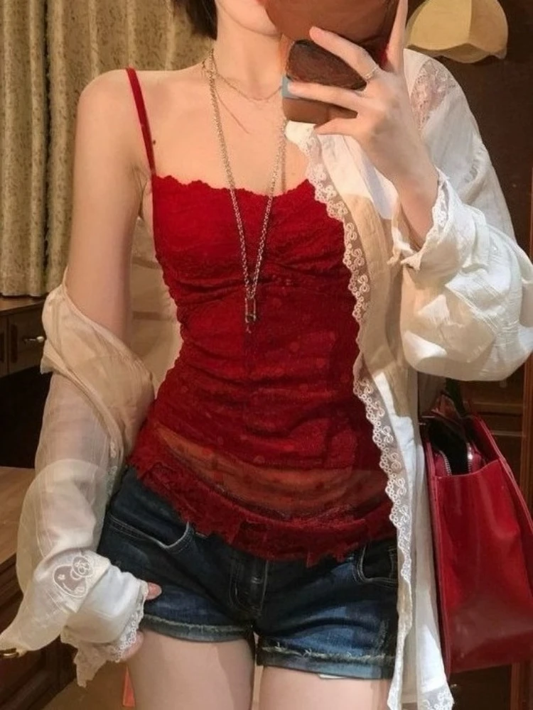 Y2k Aesthetic Two Piece Sets Lace Patchwork Sun Protection Loose Blouses + Flower Print Grunge Tanks Female Autumn Vintage Suit