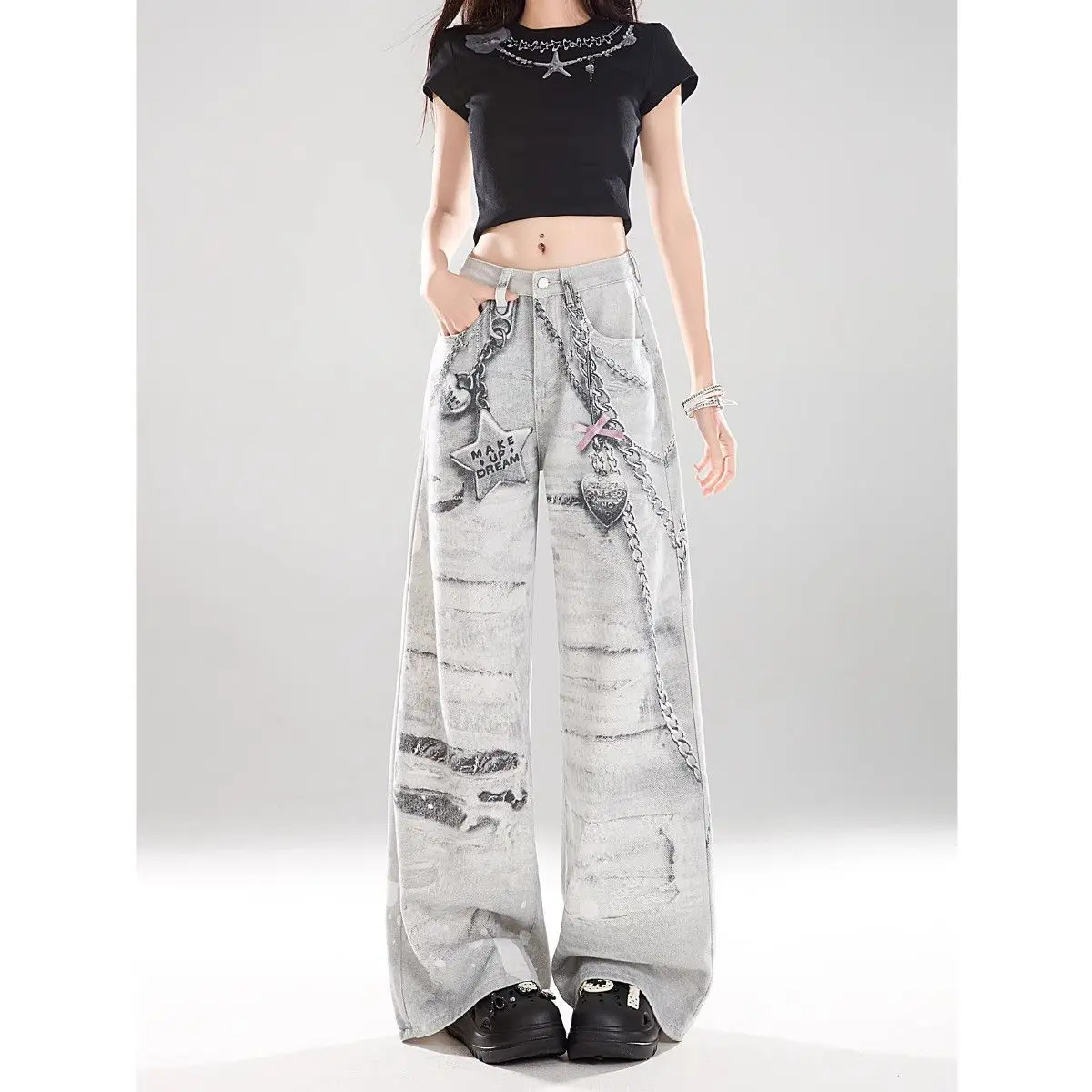 

Women Gray Vintage Ripped Printed Y2k Jeans 2000s Streetwear American Retro Contrast Denim Pants High Waist Wide Leg Jeans