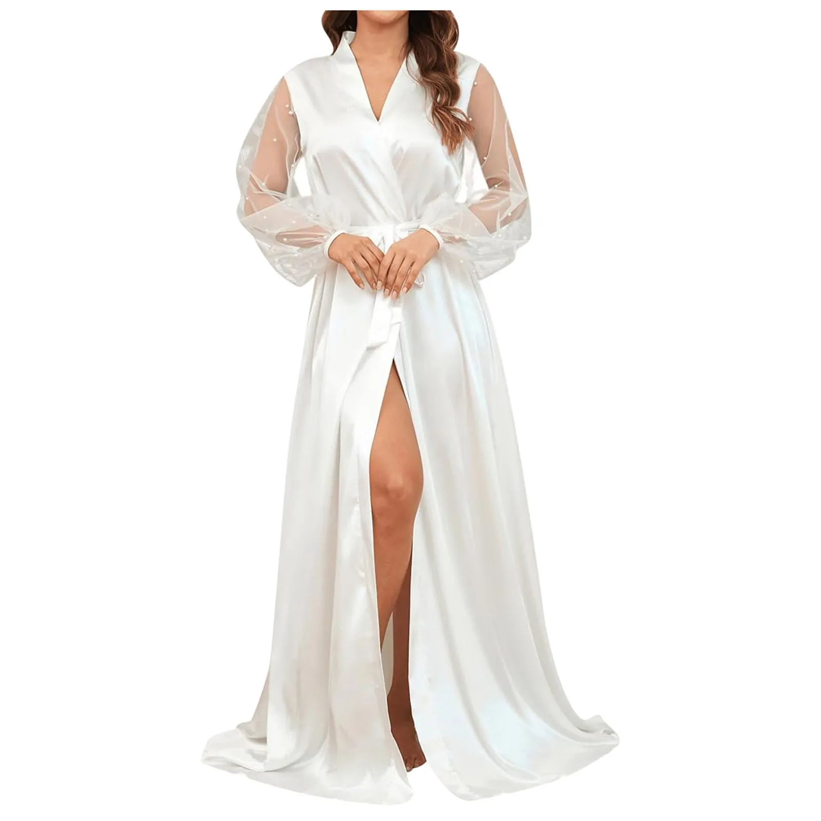 

Bridal Gown with Pearl Tulle Robe Luxury High Grade Bathrobe Sexy Nightwear Women's Robe Silk Satin Pajamas Bride Dressing 2024