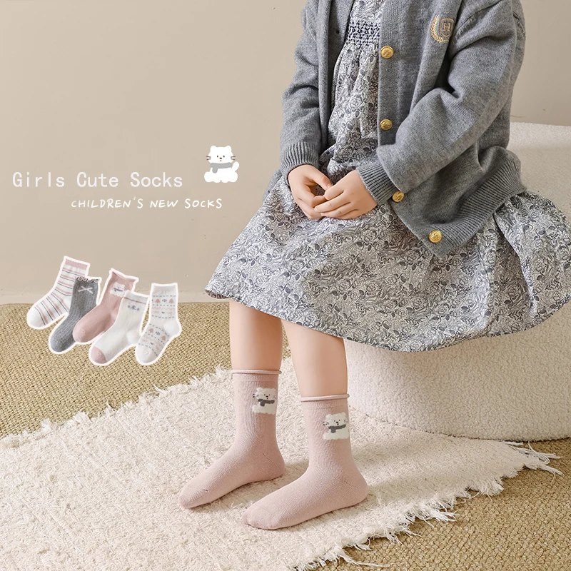Girls' socks spring and autumn seamless mid tube socks for baby girls cartoon cotton socks breathable and sweat absorbing