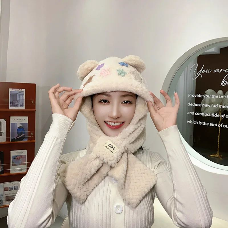 Hot Cute Little Bear Star Hat Scarf Autumn Winter Dome Shaped No Eave Warm Cold Resistant Riding Bike Plush Hat Balaclava