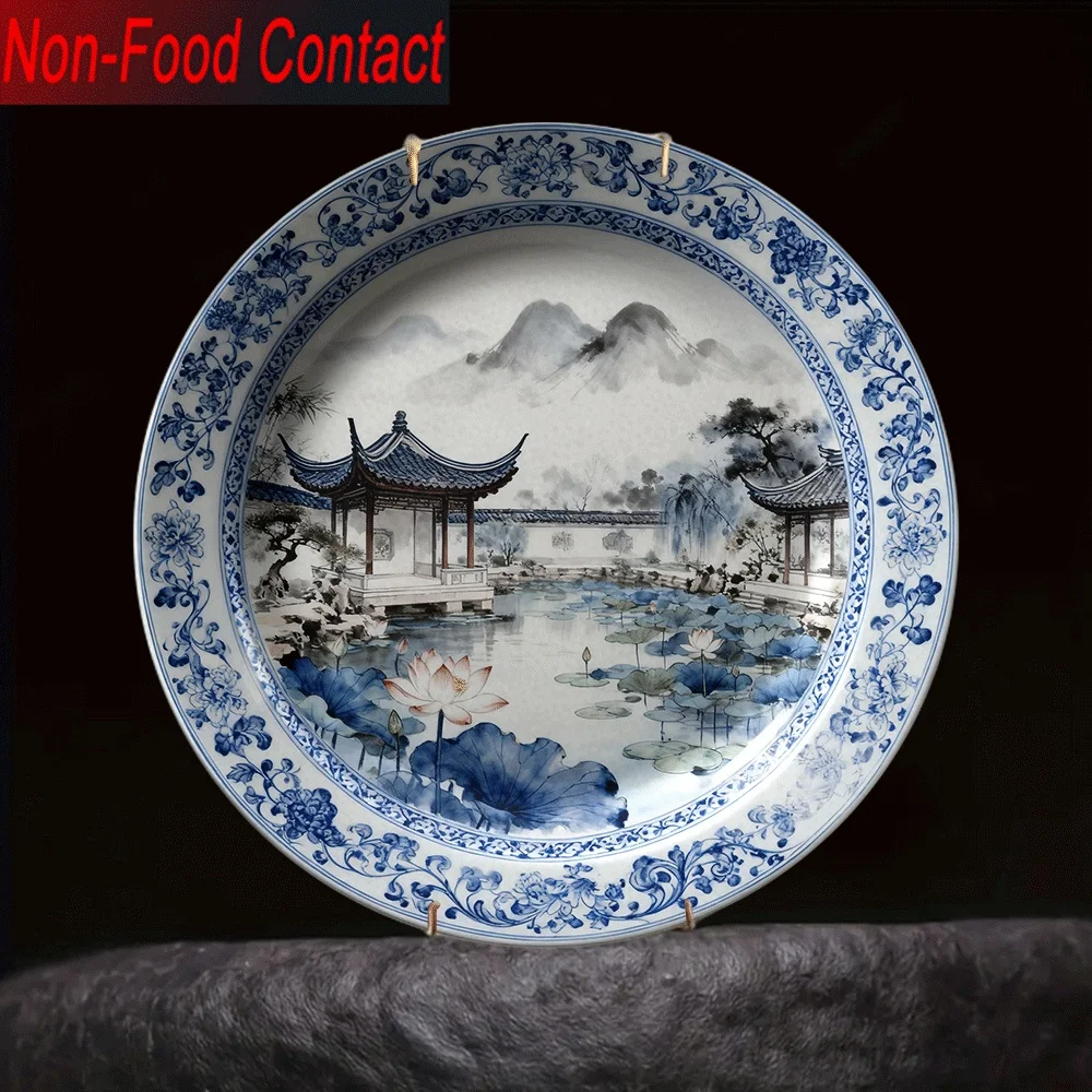1pc Chinese Blue and White Ceramic Plate - Hand-Painted-Look Traditional Chinese Landscape Art with Pagoda, Pavilion, Willow