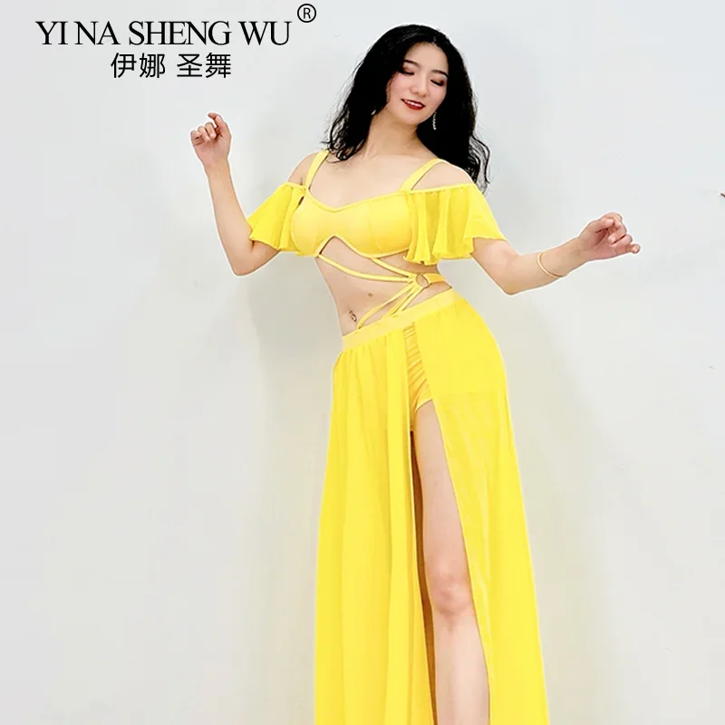 

Костюм танцовщицы живота OrientaDance, профессиональная одежда, комплект для танцевальной практики, сексуальный топ, юбка с разрезом для женщин