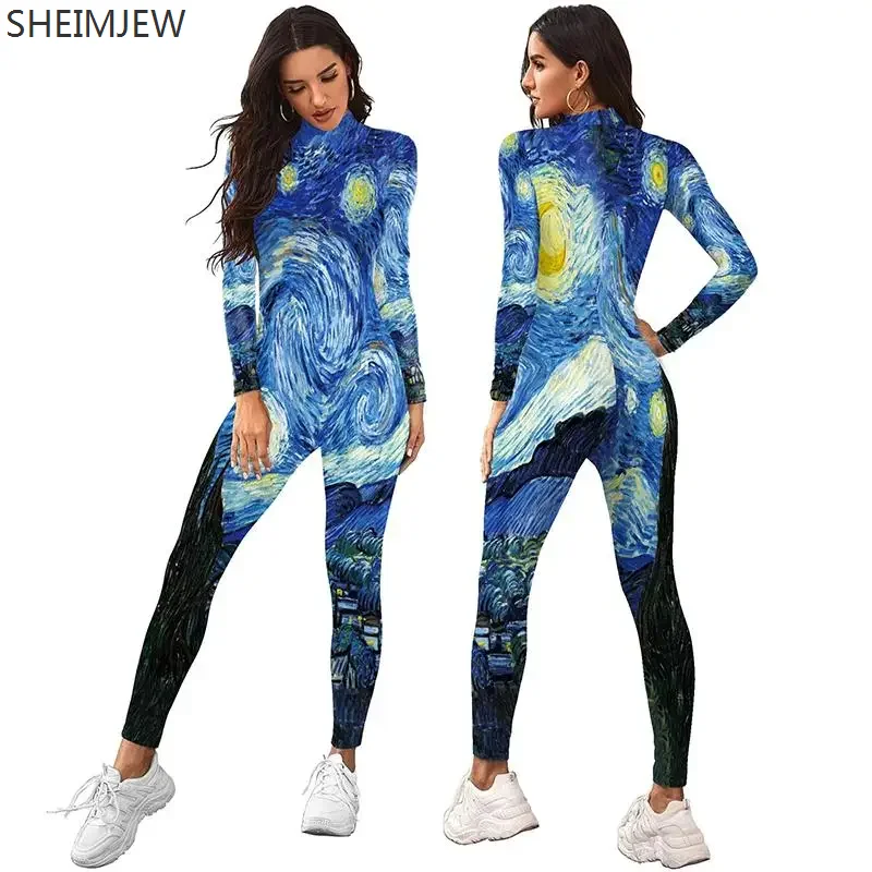 

New Van Gogh Star And Moon Night Painting Slim Cosplay Catsuits Women Men Printed Jumpsuits Carnival Party Long Sleeve Bodysuits