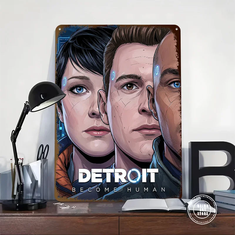 Detroit: Become Human 3D Printed Texture Poster Personalized Wall Art Retro Metal Tin Signs for Decoration Garage Decorations