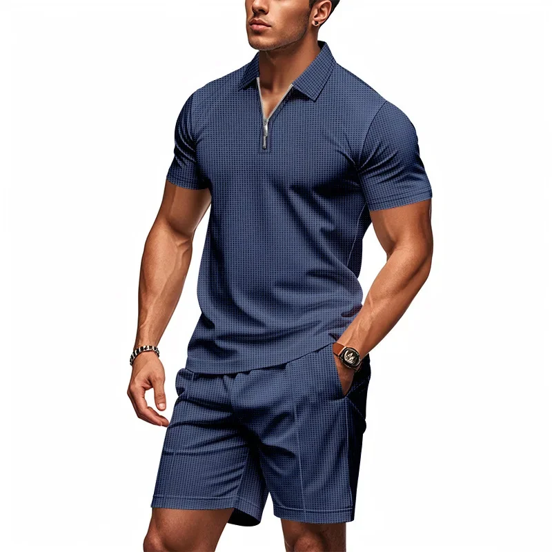 

Cross-border American Men Waffle Loose Zipper Short-sleeved POLO Shirt Casual Shorts Suit Hawaiian Style Tracksuit Men