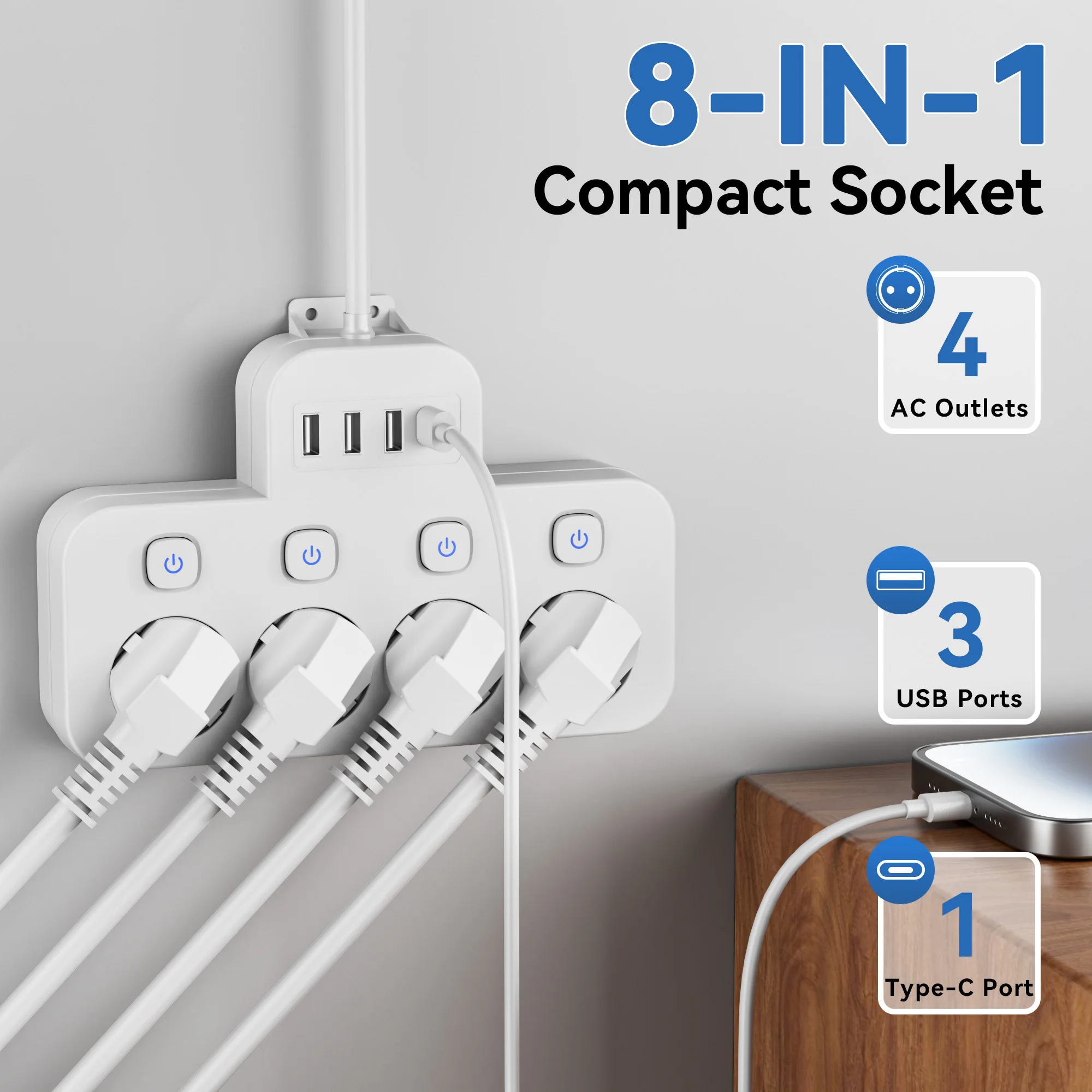 Power Strip with 4 Ac Independent Switches, Eu Plug, 3 USB Ports, 1 Type-C Port, 5Ft/10Ft Extension Cord Options, Suitable for Home, Travel, Office, Company, Game Room, Black