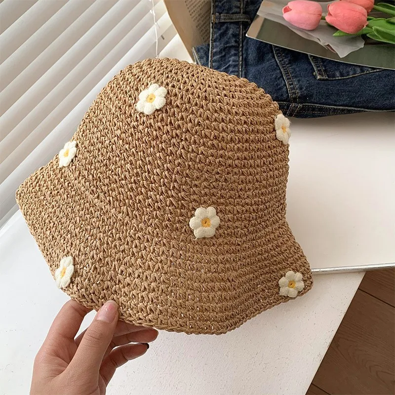 1Pc Woven Flower Decoration Fisherman Hat Summer Sun Shading Straw Woven Hat Fresh Girl Leisure Hat Outdoor Sun Protection Hat