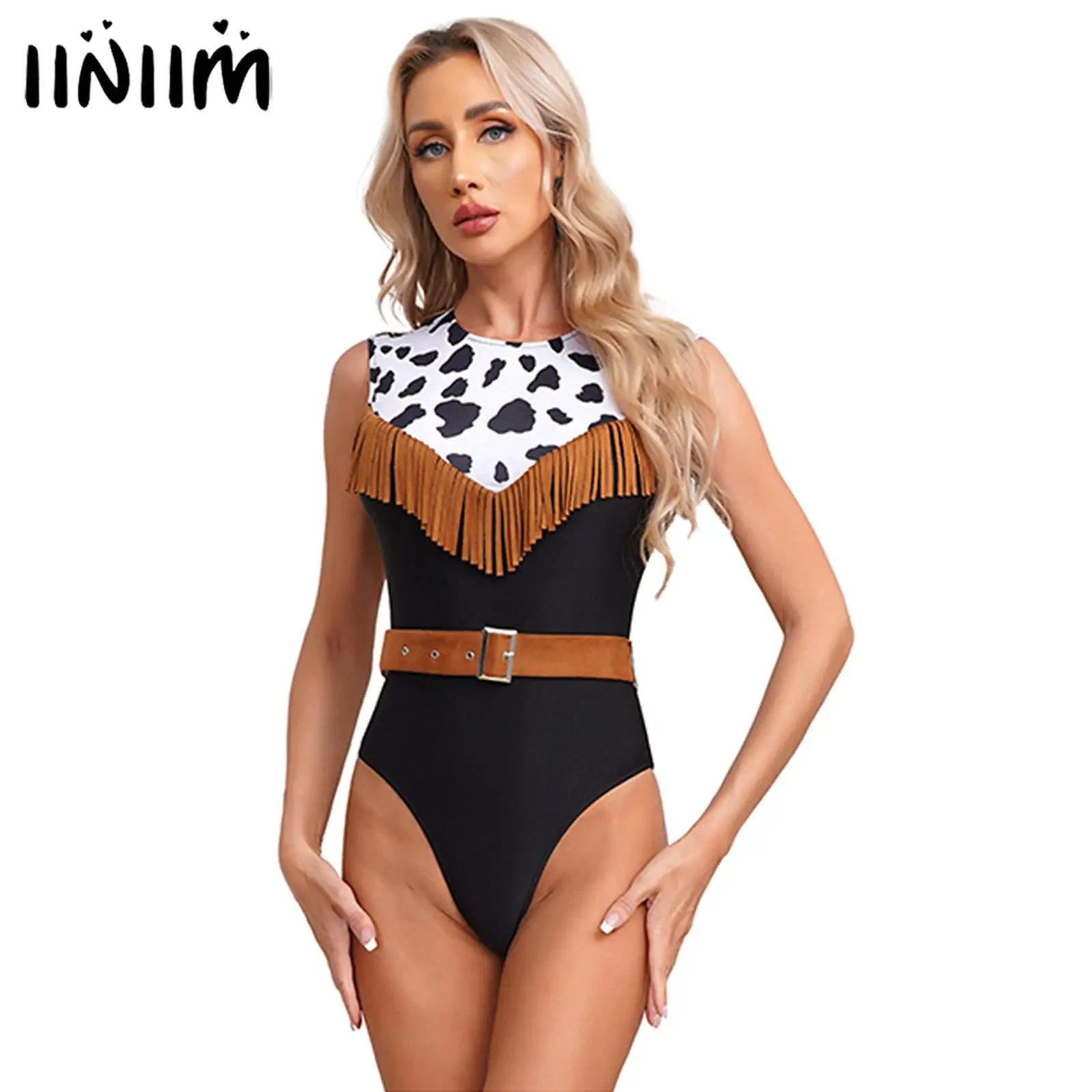 Womens Halloween West Cowgirl Bodysuit with Suede Waist Belt Sleeveless Tassel Print Leotard Prairie Pioneer Cosplay Costume