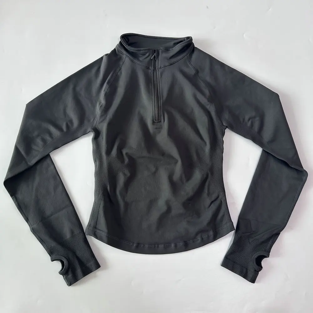 Yoga-Jacke ohne Logo mit halbem Reißverschluss, Damen-Langarm-Sportoberteil, nahtloser Lauf- und Workout-Mantel, Fitnesskleidung, Activewear – Detail 6