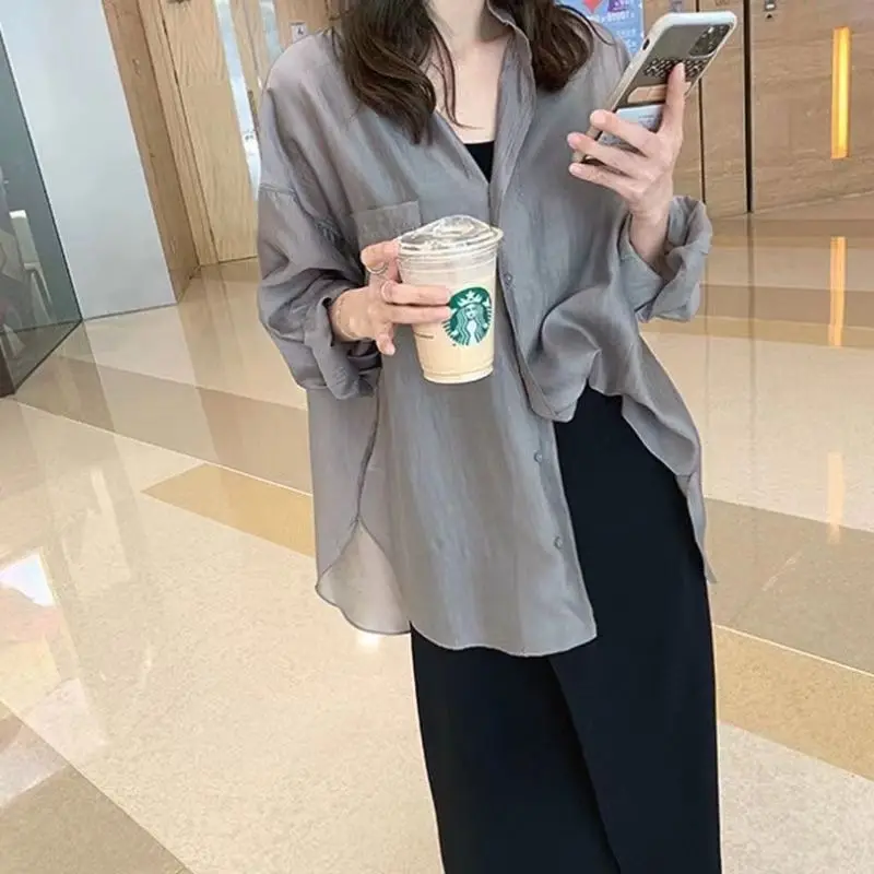 Elegant Fashion Harajuku Slim Fit Shirt Solid Button Pockets Cardigan Long Sleeve Tops Women Loose All Match Women's Clothing