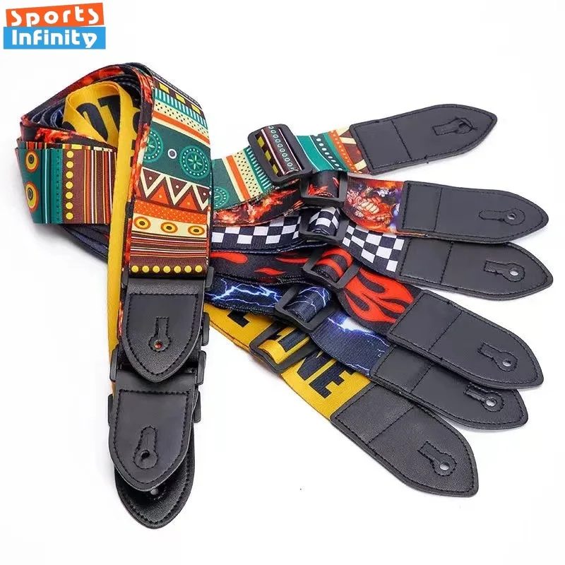 1pc Ukulele Extra Wide Acoustic Guitar Strap Leather Belt Adjustable Shoulder Strap Artistic Print for Wood Guitar Electric Bass