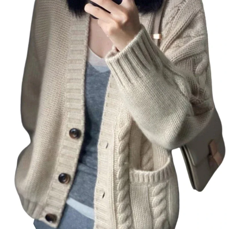 

Fashionable Loose Knit Cardigan with Open Front Buttons Women's Fall Outerwear