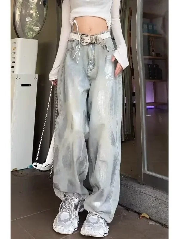 

Американские ретро-джинсы с эффектом выцветания и стразами, женские, свободные, с высокой талией, прямые, широкие, длинные брюки, модные