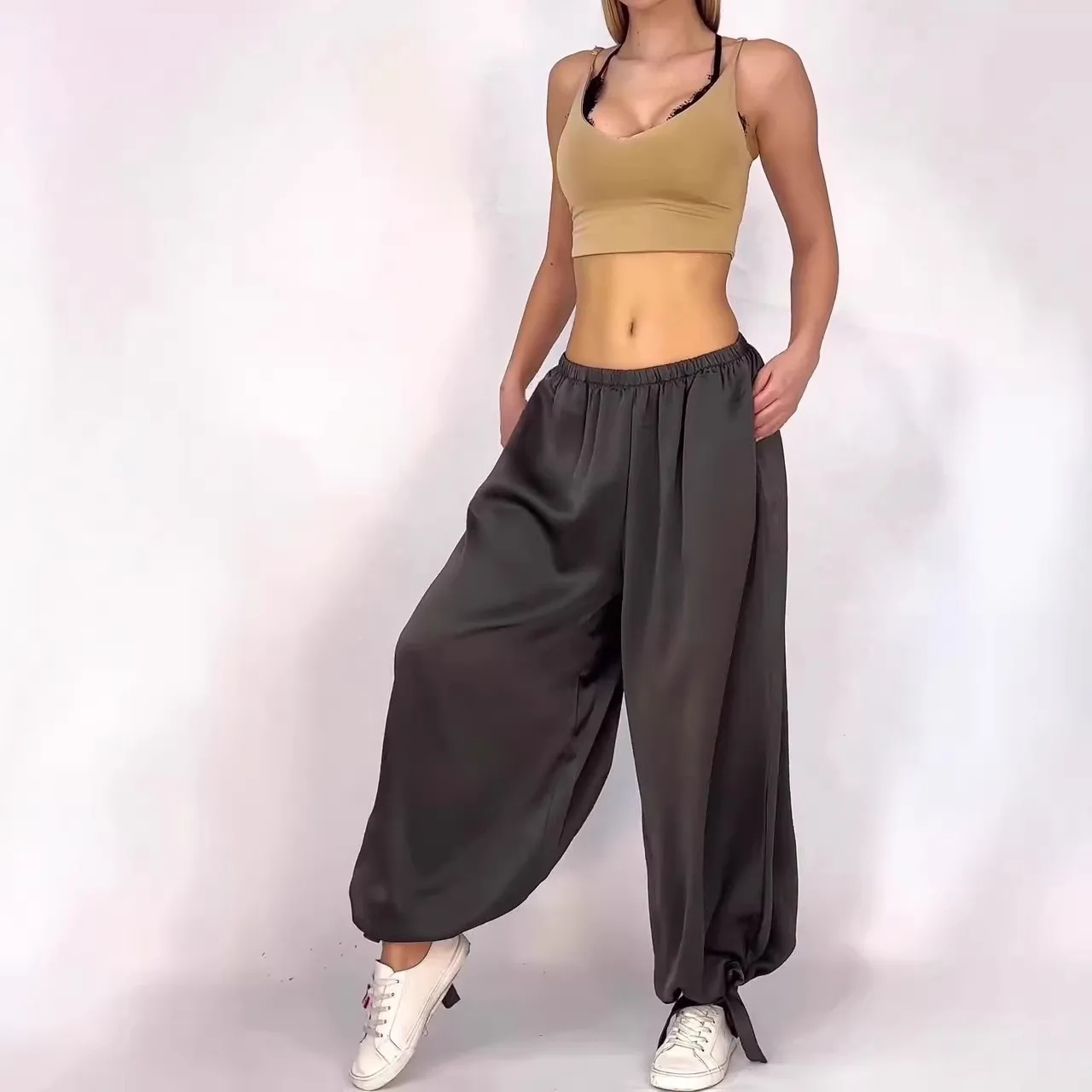 

Casual Pants For Woman Satin Loose Fit Trousers Black Drawstring Cuff Wide Leg Pants Olive Green Oversized Tie Detail Pants