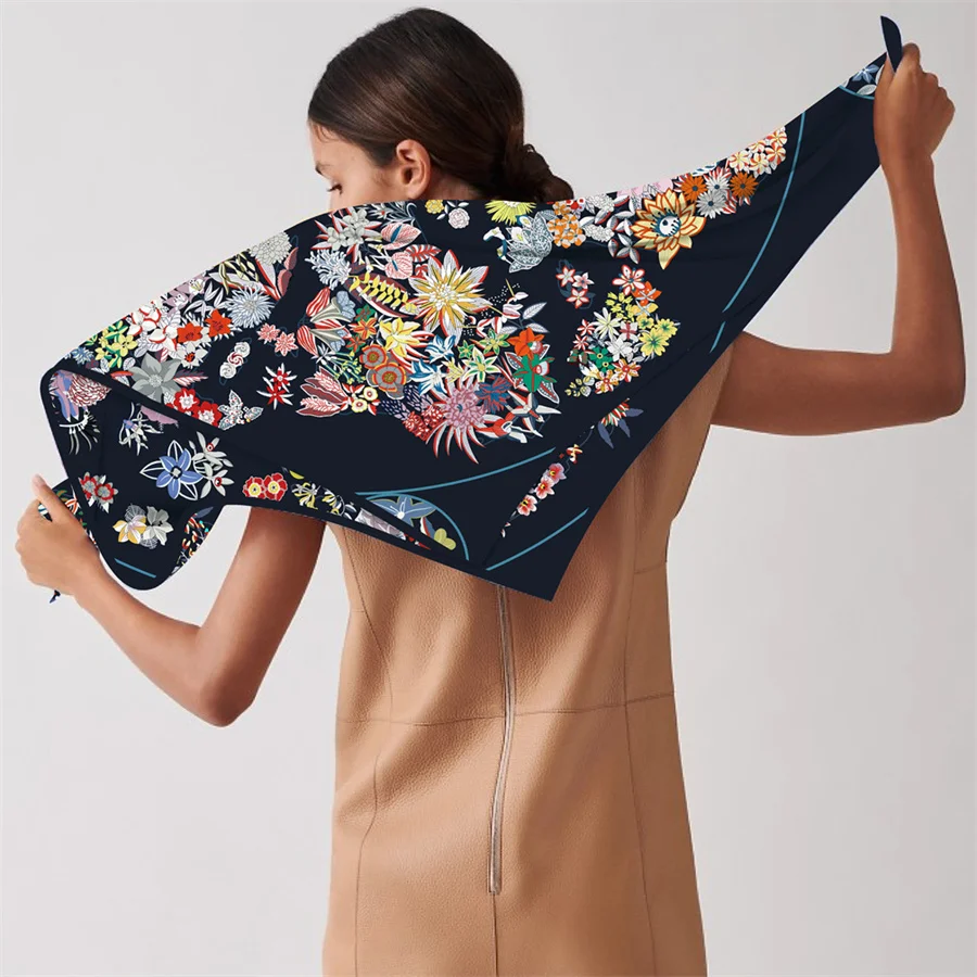 POBING Silk Scarf Women Floral Print Square Scarves Head Echarpes Silk Foulards Femme Wraps Beach Shawl Bandana Lady Hijabs 90CM