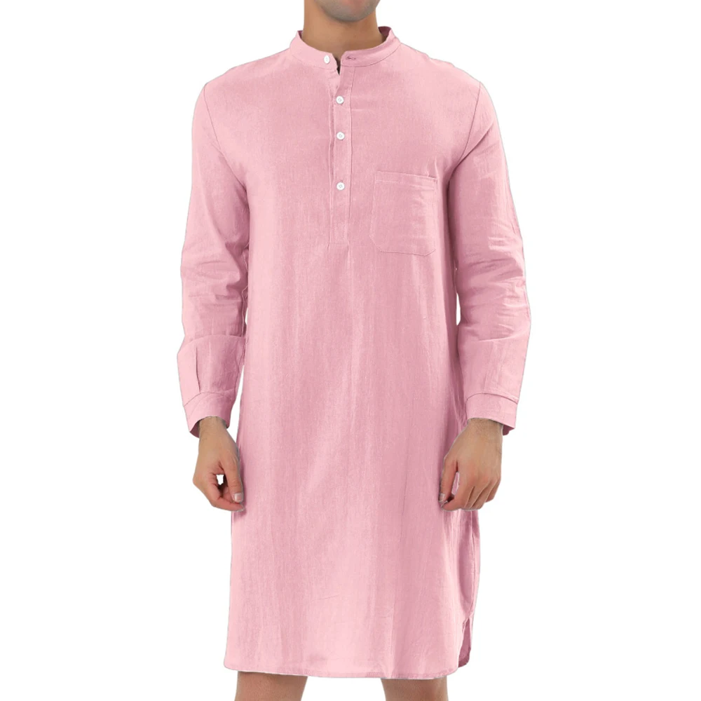 2023 Katoenen Heren Pyjama Effen Kleur Lange Mouw Pyjama O-Hals Casual Heren Badjassen Comfortabele Loungewear Verlengde Versie