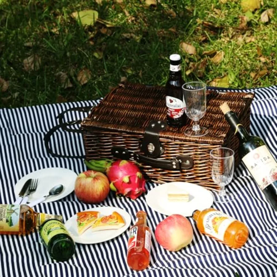 Picnic Basket Set for 4 with Waterproof Blanket Mat Insulation Bag Wicker Navy Blue Vintage Classic Gift for Christmas Thanksgi view 3
