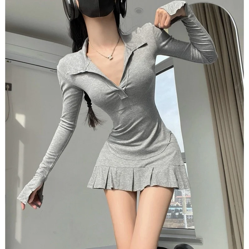 Damen V-Ausschnitt Slim Casual Minikleid, Rüschen Zweiteiler Rock-Set, Langarm Minirock, Y2K-Stil Urlaubskleid