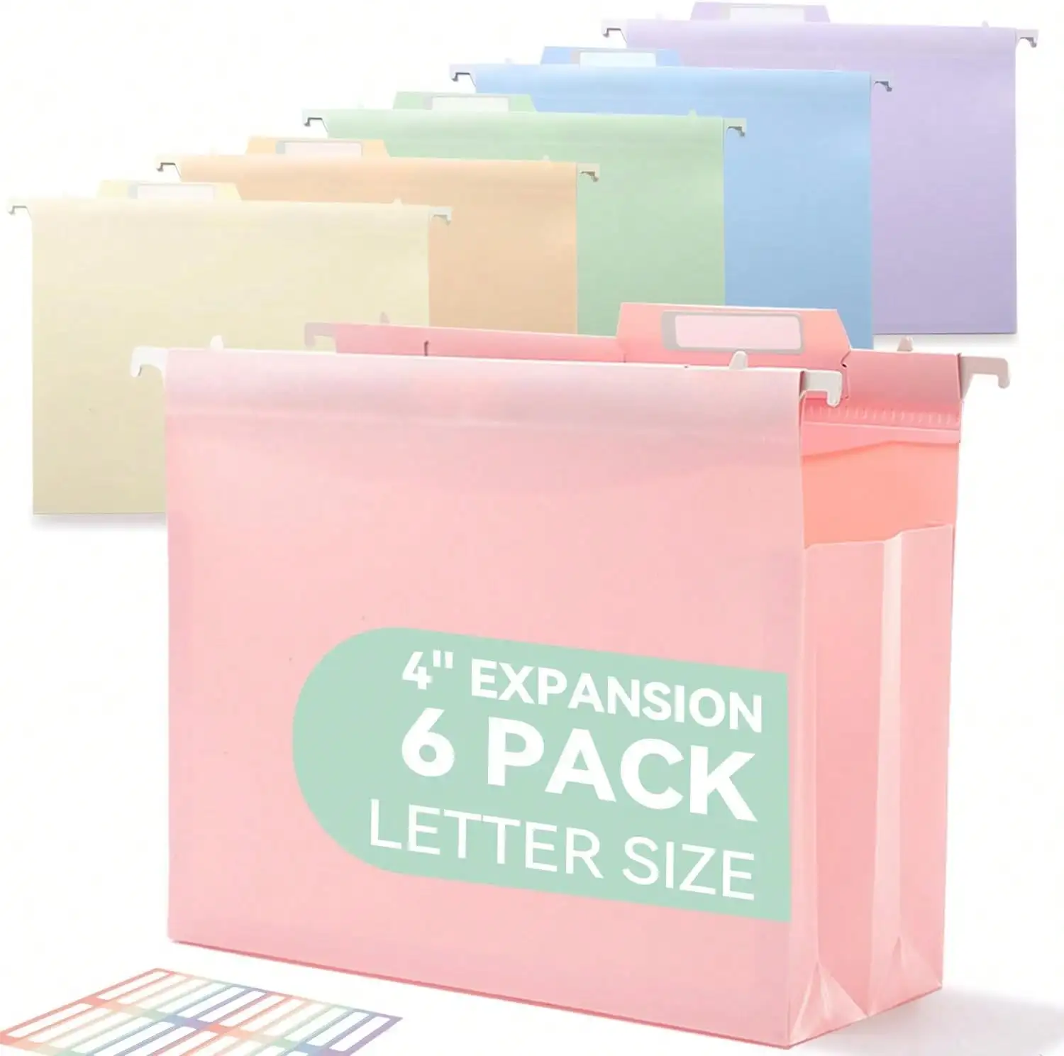 

Plastic High Capacity Hanging File Folders, 4" Expansion For Bulky Documents, Side-Sealed Pocket, Holds Heavy Files, Letter Size, Movable Dividers, Insertable Tabs, 6 Pack, Pastel Colors