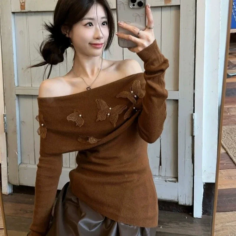 Deeptown Off Shoulder Women Sweater Harajuku Butterfly Elegant Korean Fashion Knitted Pullovers Autumn Slim Gyaru Sexy Aesthetic