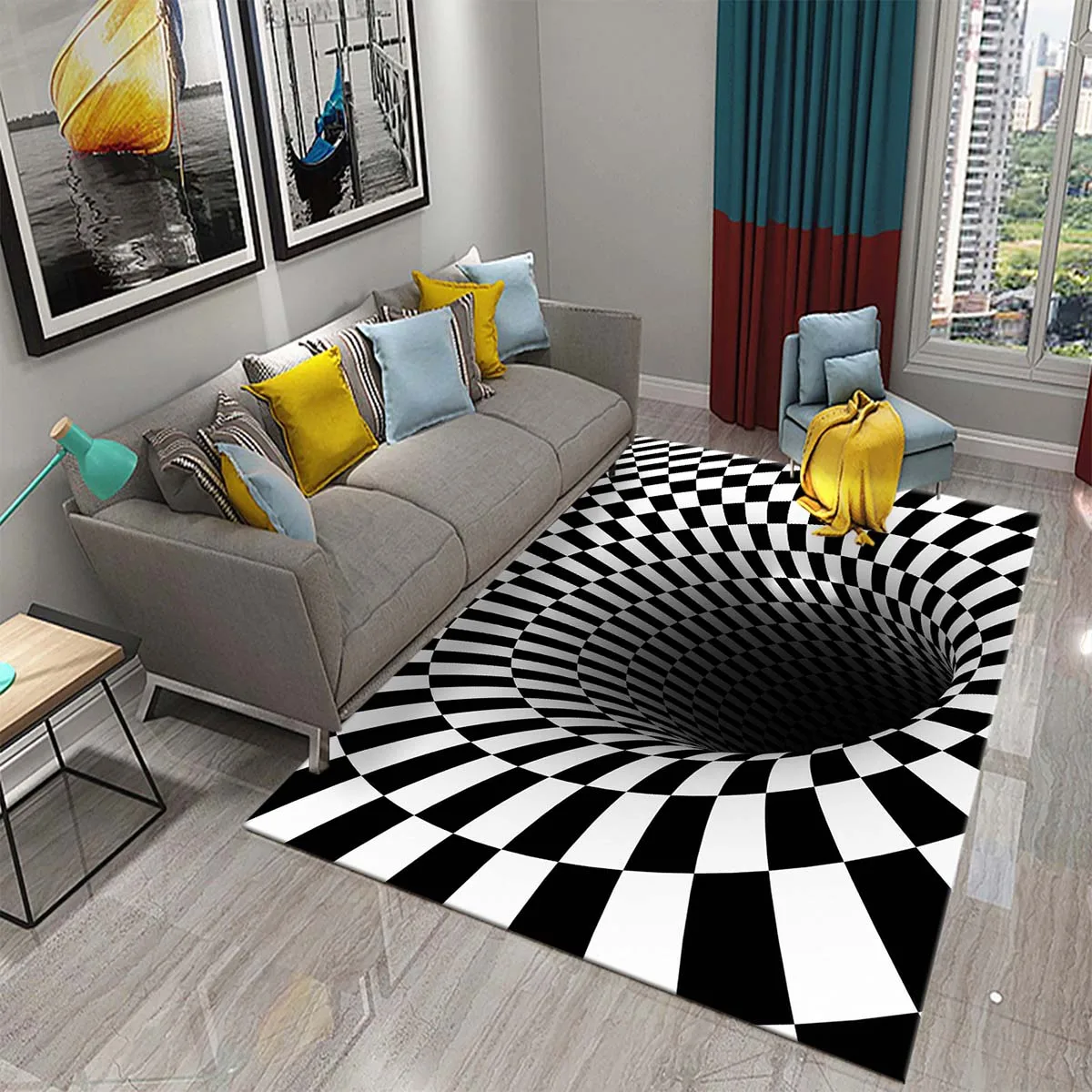 

3D Vortex Illusion Carpet Abstract Geometric Rug Black and White Checkerboard Rugs for Teens Bedroom Living Room Floor Mat Throw