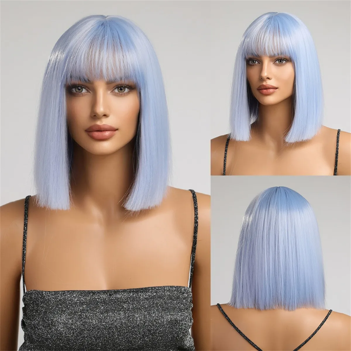 

Chic Light Blue Straight Bob Synthetic Wig with Blunt Bangs - Trendy Heat-Resistant Hair for Women