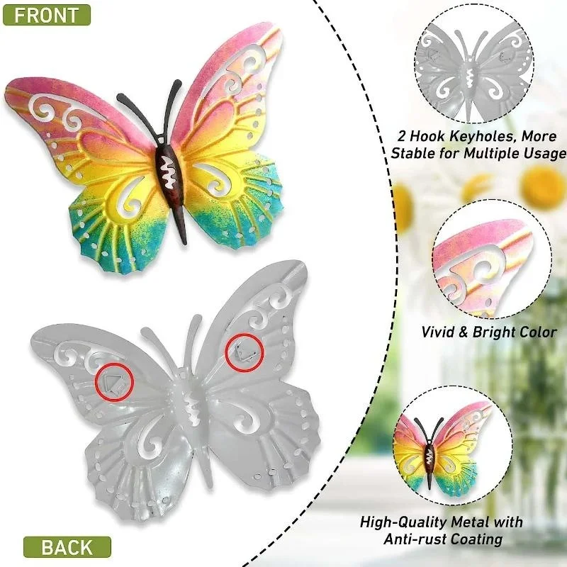 Metal Butterfly Wall Decor 7 Colors Butterflies Sculpture Iron Indoor Outdoor Hanging Wall Art for Garden Yard Fence Home Gift