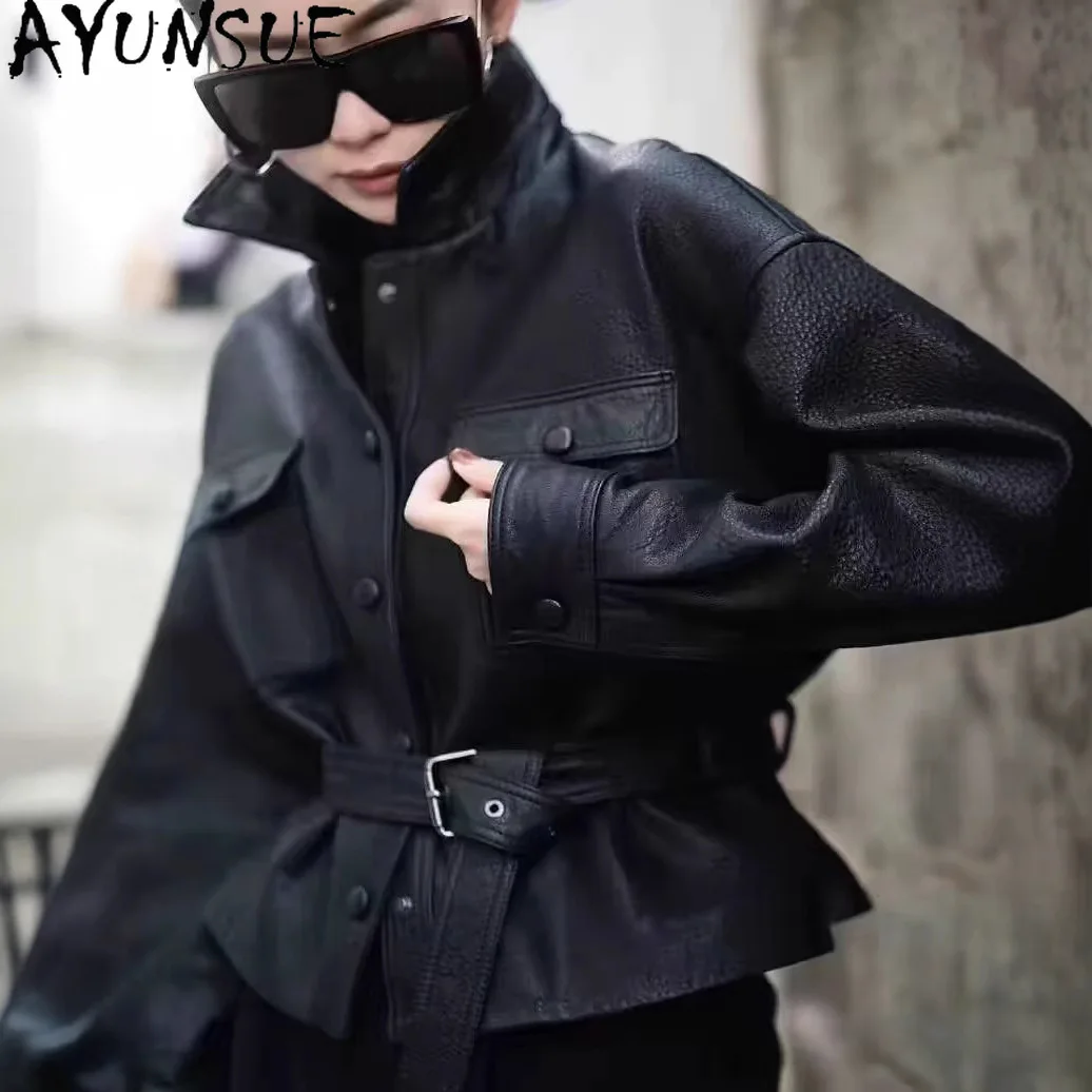 AYUNSUE سترة جلدية حقيقية للنساء 2025 ملابس ربيع الخريف معطف جلد الغنم معاطف نسائية حزام Jaqueta De Couro